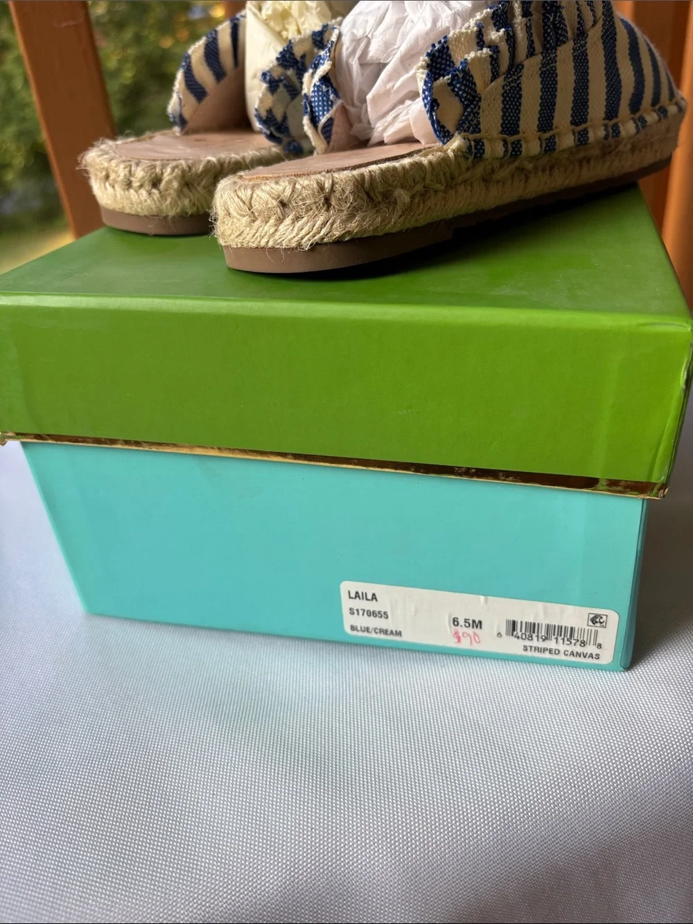 kate spade Laila Blue and Cream Striped Slip-On Espadrille Mules Size 6.5
